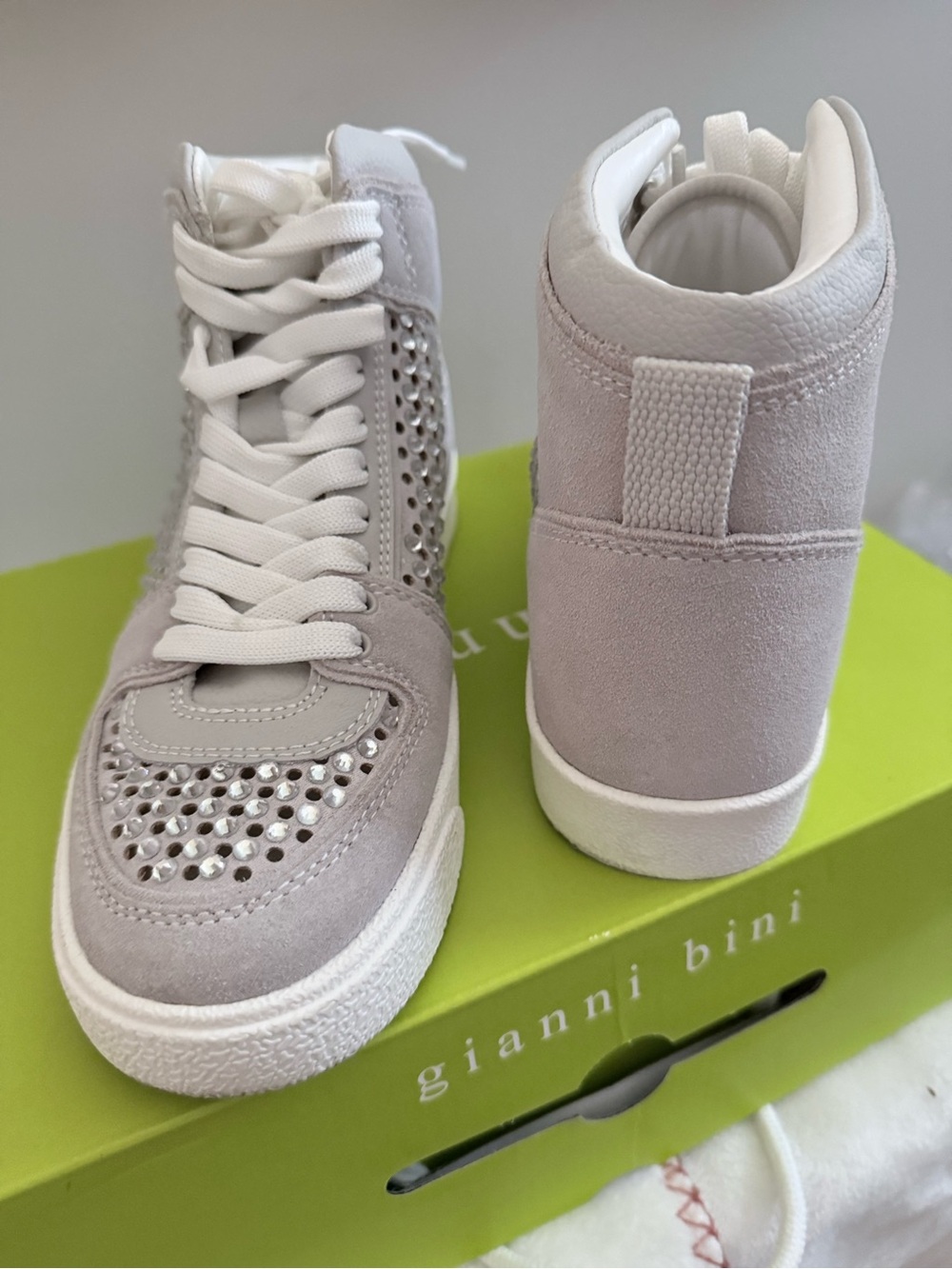 Gianni Bini Pale Gray Suede High-Top Sneakers with Crystal Accents